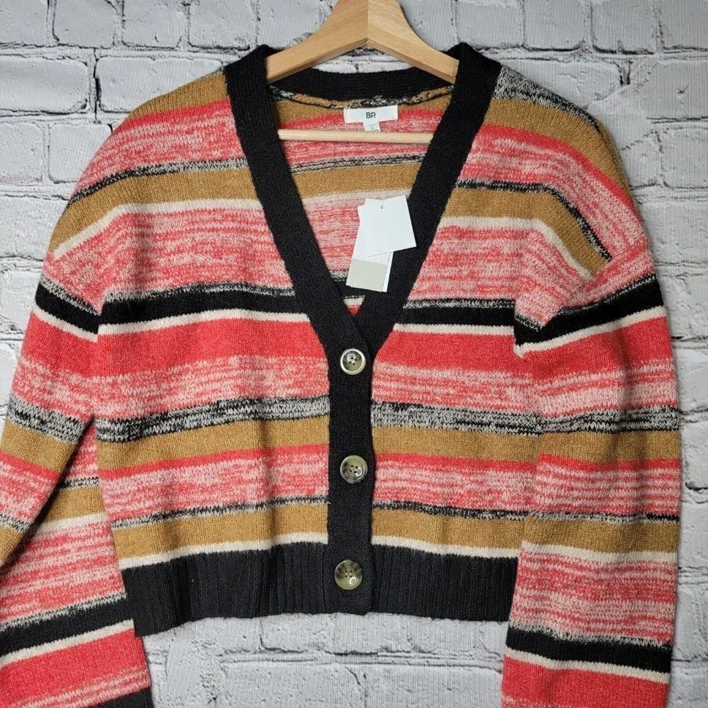 Bp Crop Cardigan Sweater In Black Marl Stripe Multicolor NWT Size S - Picture 2 of 11